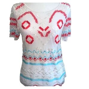 Sundance Floral Embroidered Sheer‎ Boho Hippie Romantic Top Blouse Size Large L